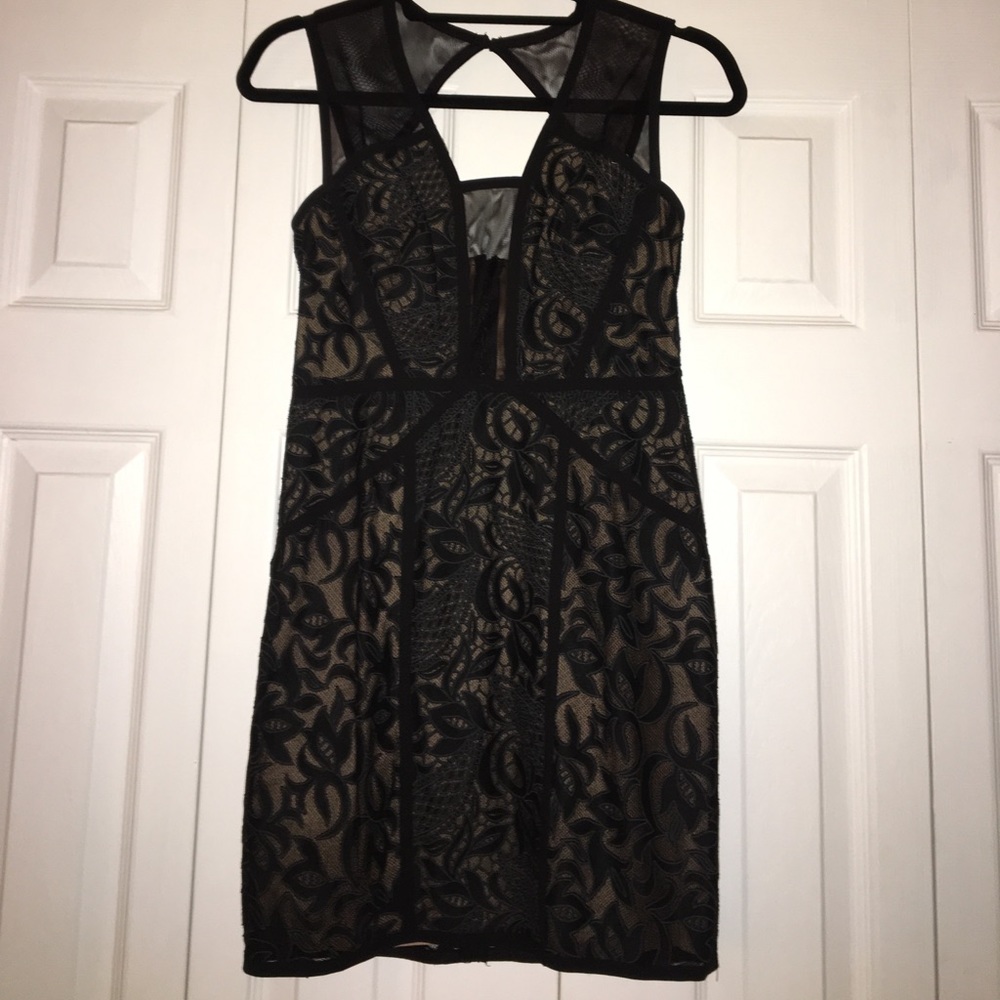 BCBG Black lace and nude cocktail dress